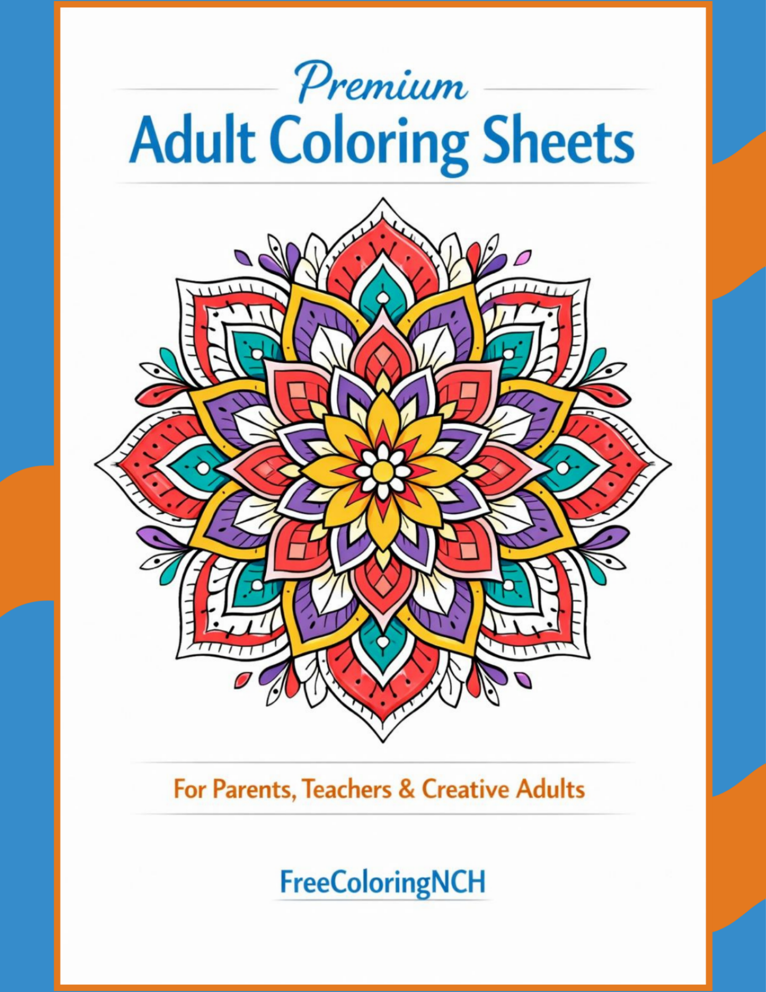 Cover image of premium adult coloring PDF with 50 printable pages for stress relief