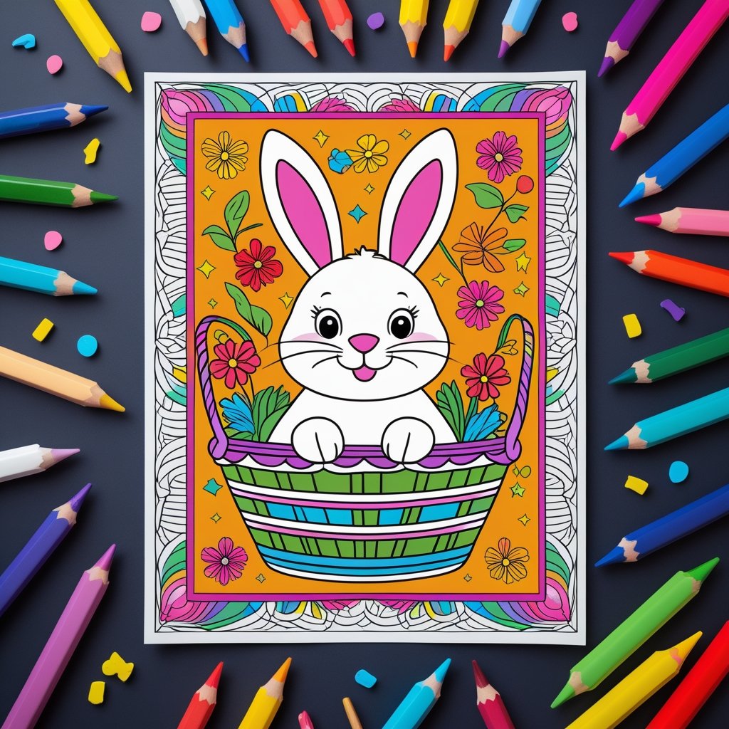 home Bunny in a Basket coloring page fully colored – adorable bunny coloring sheets for kids
