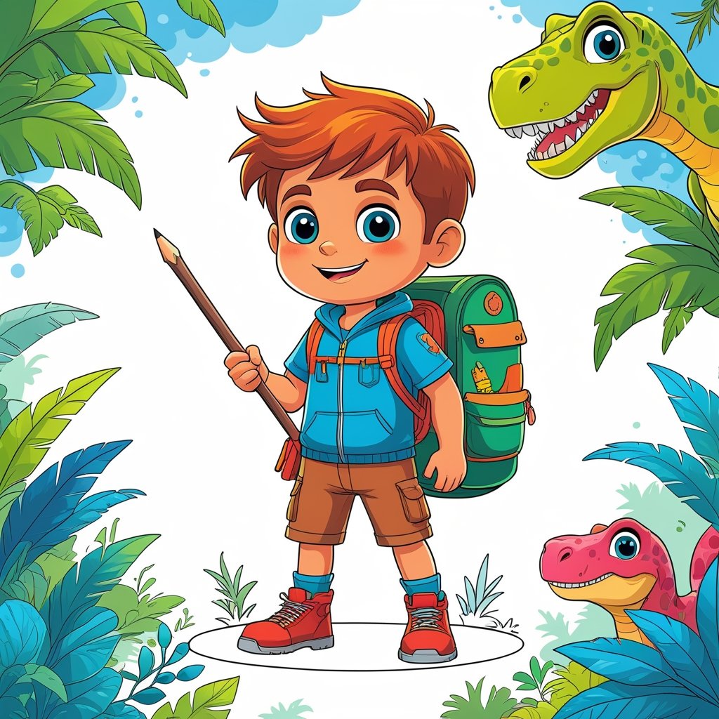 home Dino Adventure Boy Coloring Sheets fully colored, vibrant and fun, perfect for kids’ learning activities