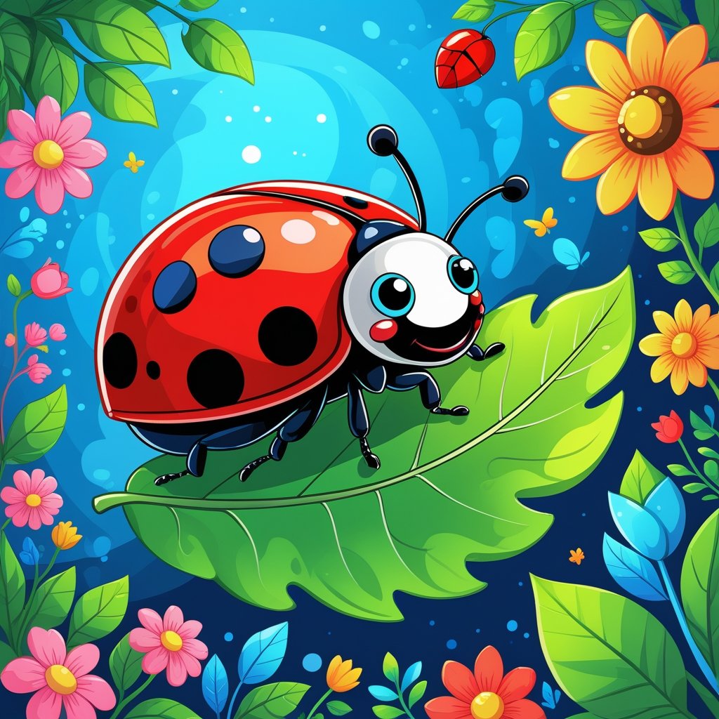 home Spring Animals Coloring Pages for Kids – colorful cartoon Ladybug on Leaf sheet for kids