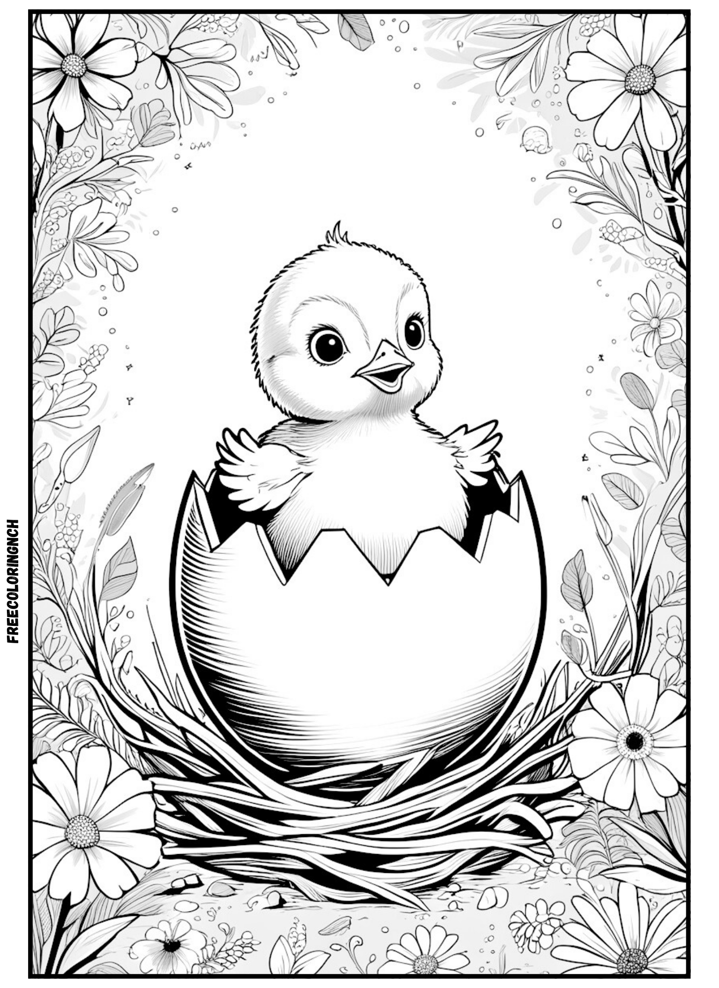 home Free printable baby chick coloring page for kids, bold outlines and white areas for coloring