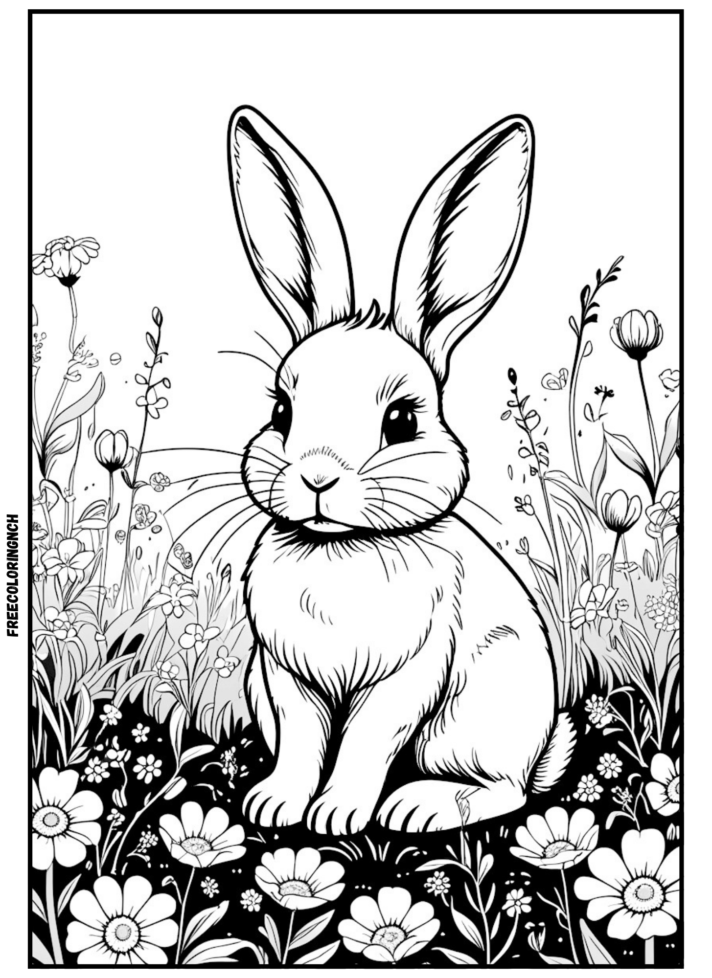 home Free printable bunny with daisies coloring page for kids, bold outlines, large open areas