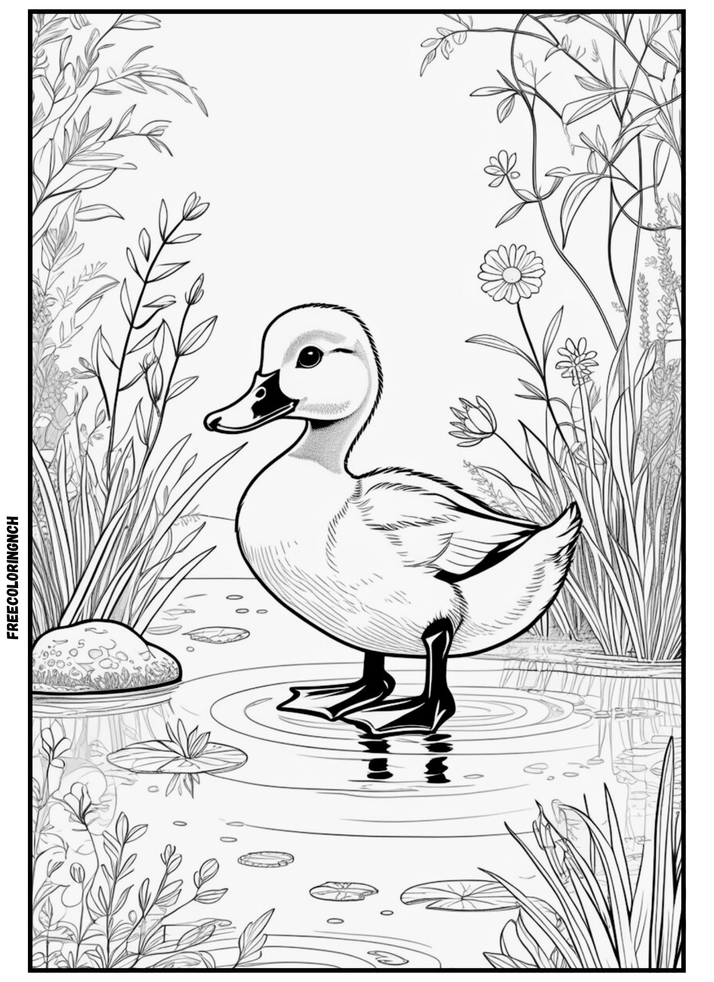 home Free printable duckling coloring page for kids, bold outlines, large white areas for coloring