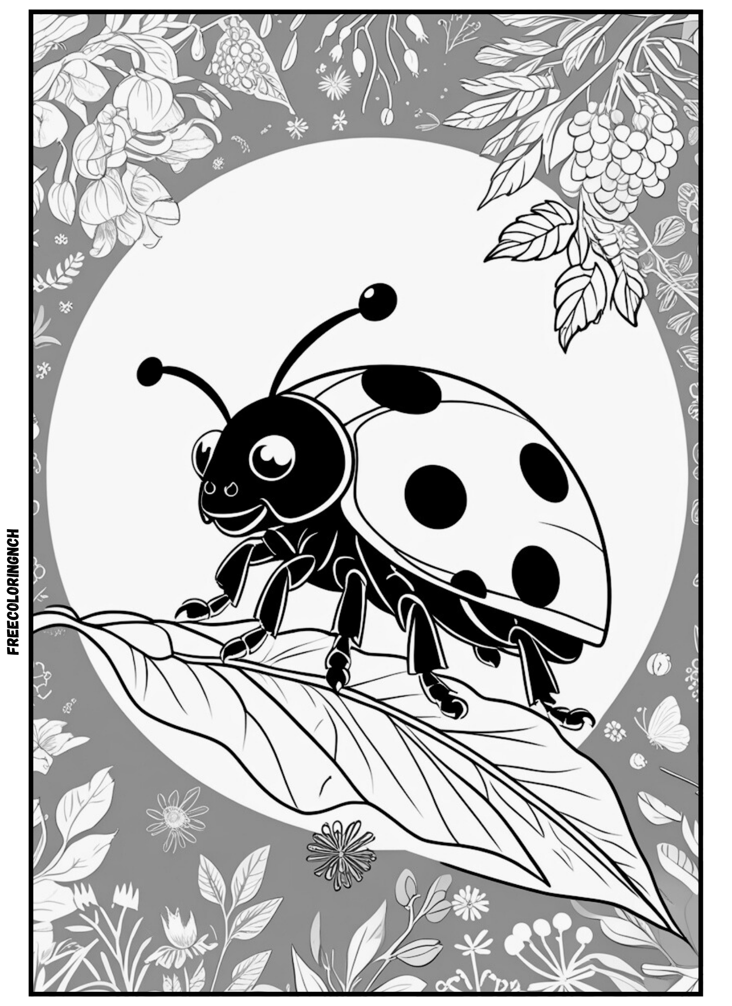 home Free printable ladybug coloring page for kids, bold outlines, large white spaces for coloring
