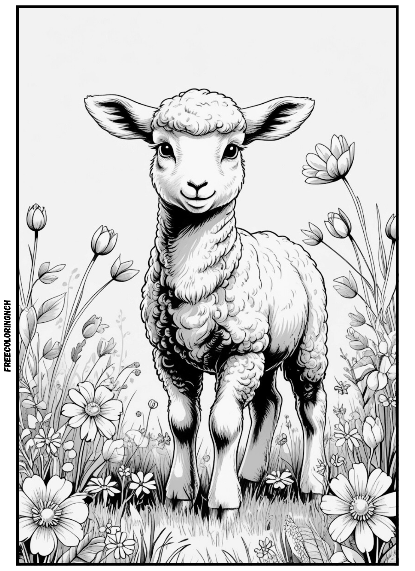 home Free printable lamb coloring page for kids, minimalist style, bold outlines, open areas