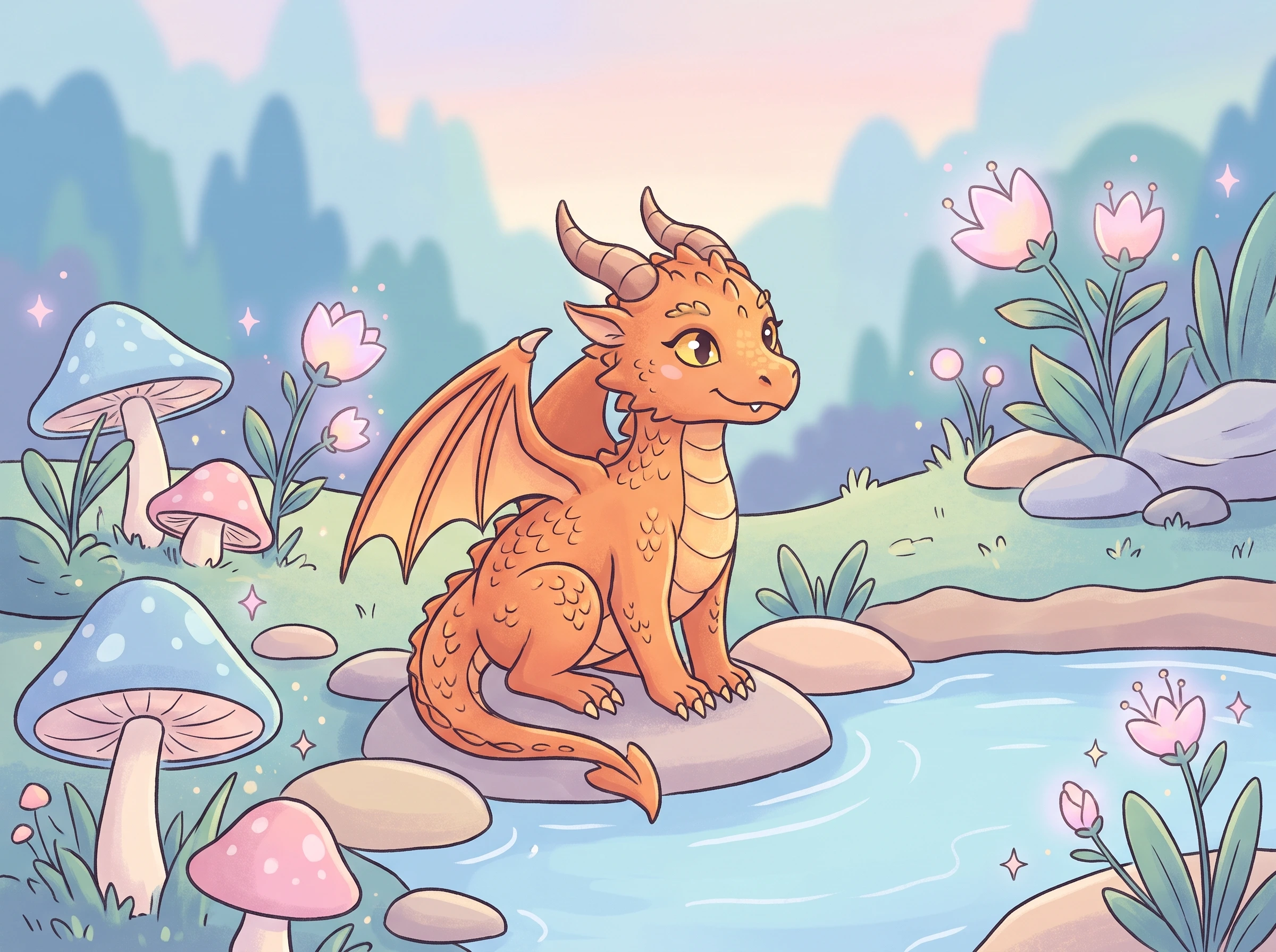 Coloring pages of realistic dragons featuring a cute orange baby dragon beside a magical blue lake.