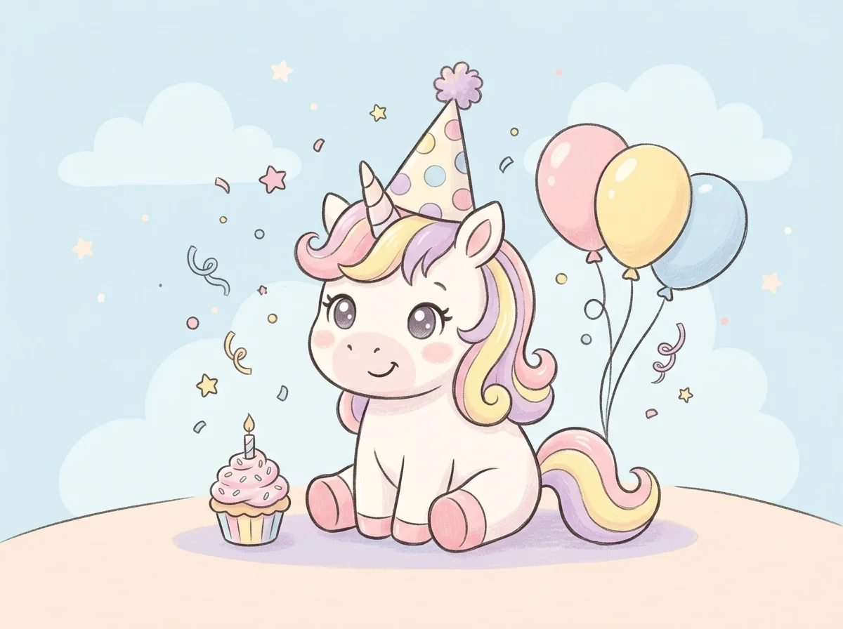 baby unicorn coloring pages: baby unicorn wearing a party hat with a cupcake and balloons (free printable coloring page)