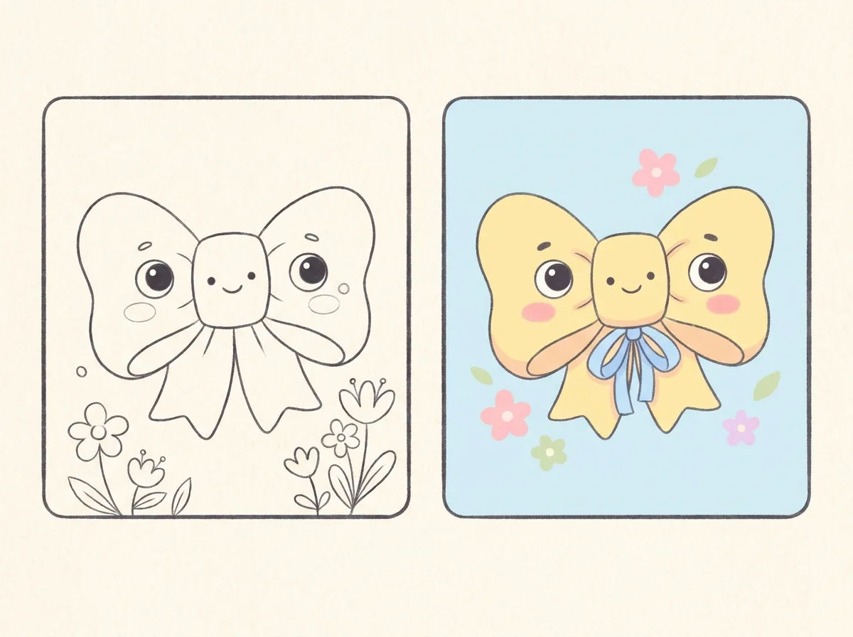 coloring page of a bow: before and after