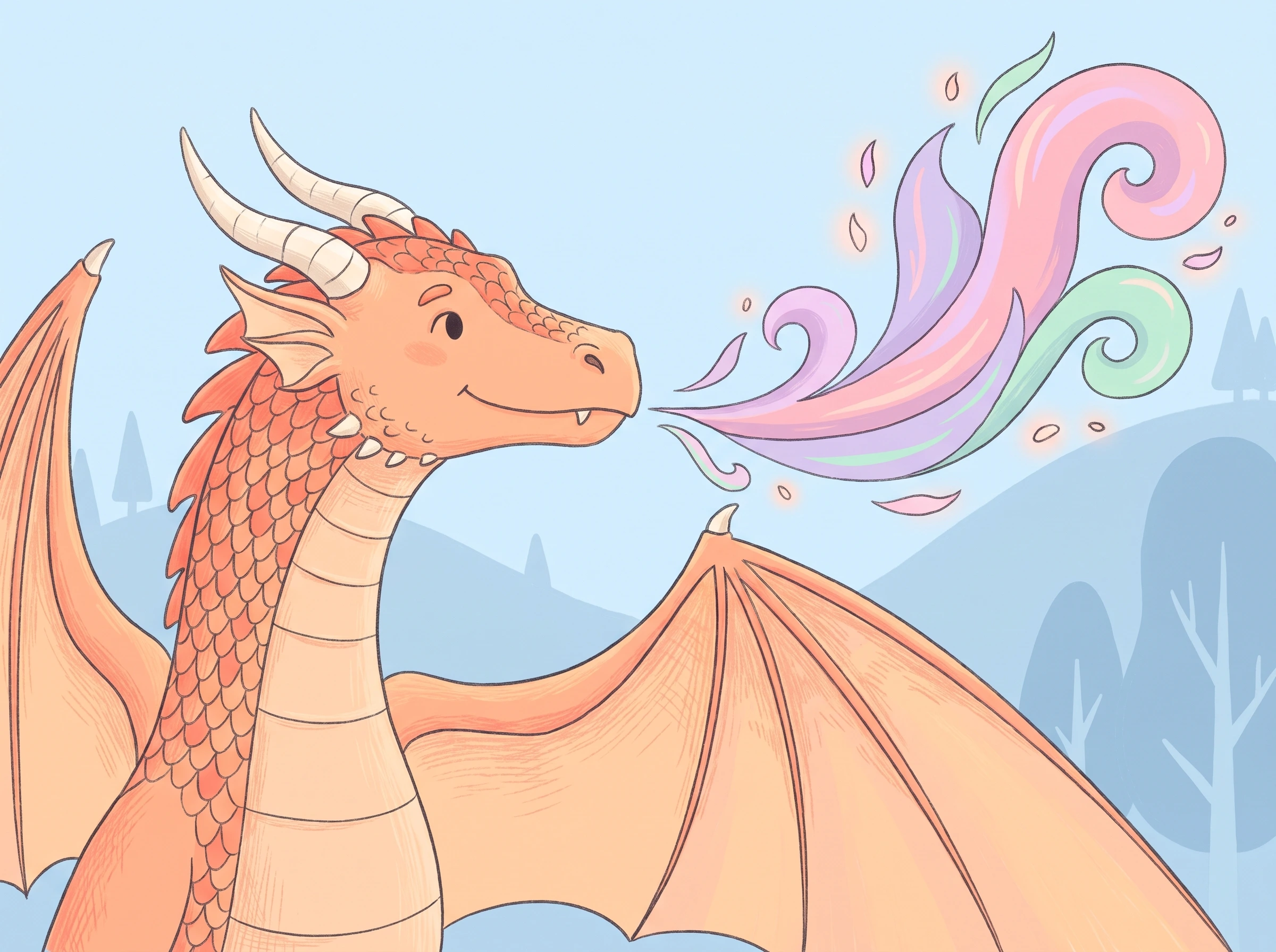Coloring pages of realistic dragons featuring a powerful orange dragon breathing magical pastel fire.