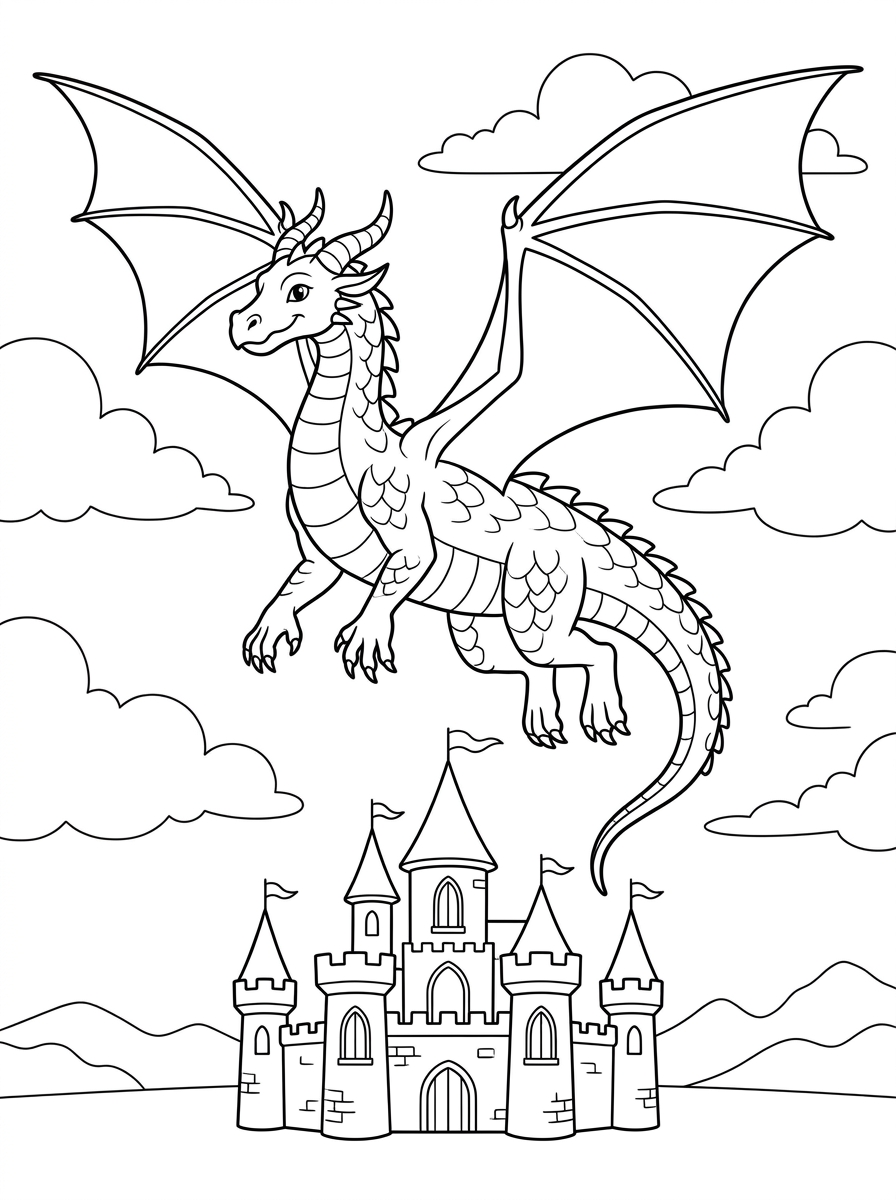 Coloring Pages of Realistic Dragons: 6 Amazing Printable PDF Realistic dragon breathing large curling flames in a printable coloring page.