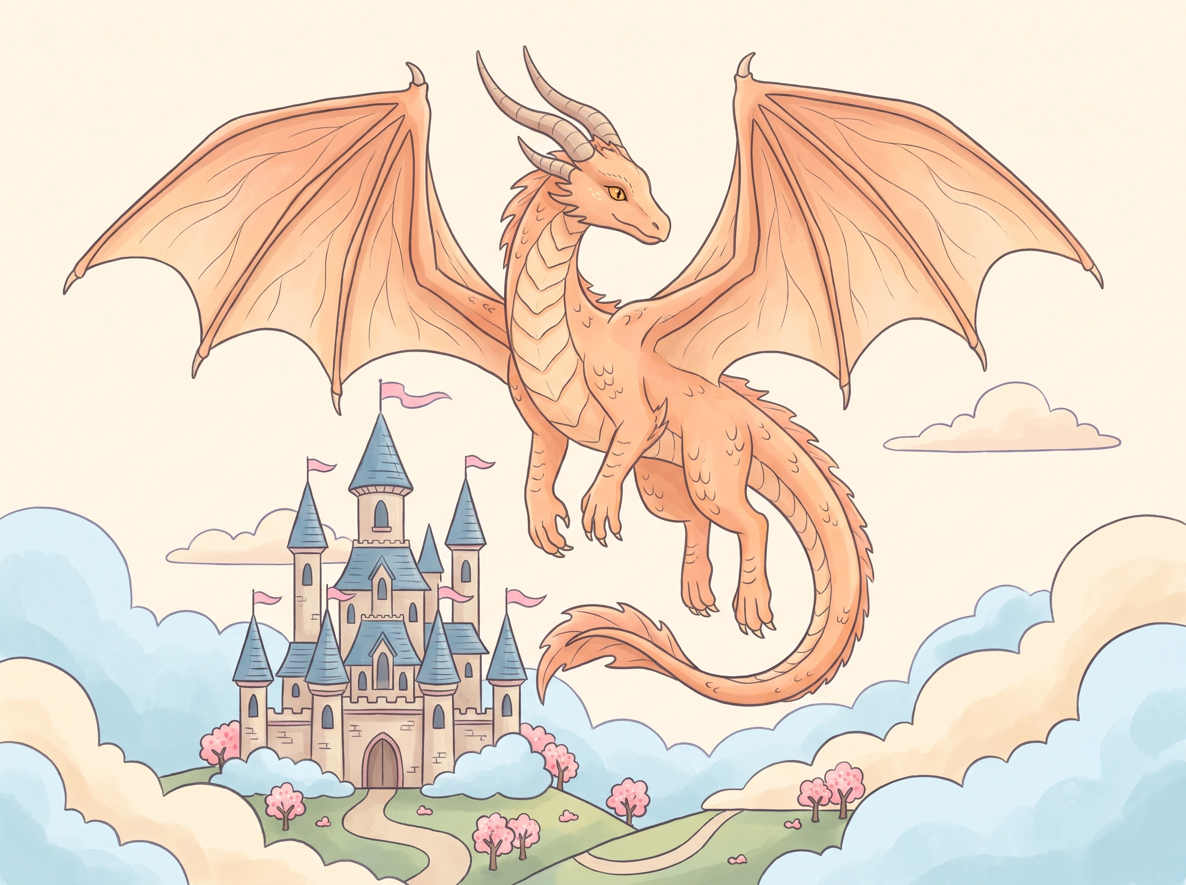 Coloring pages of realistic dragons showing an orange dragon flying above a fairytale castle.