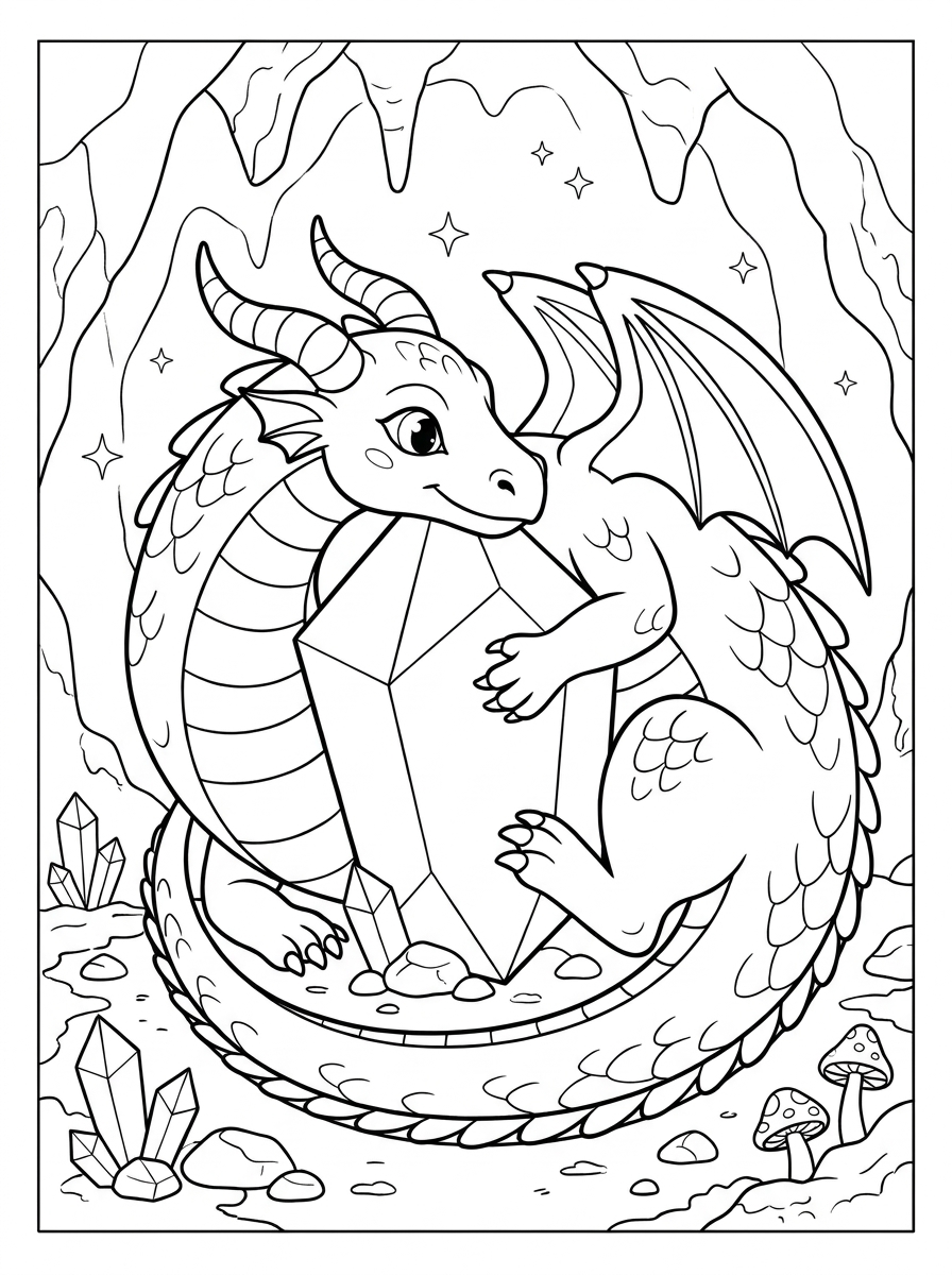 Coloring Pages of Realistic Dragons: 6 Amazing Printable PDF Cute baby dragon with tiny wings, friendly eyes, and a curled tail on a coloring page.