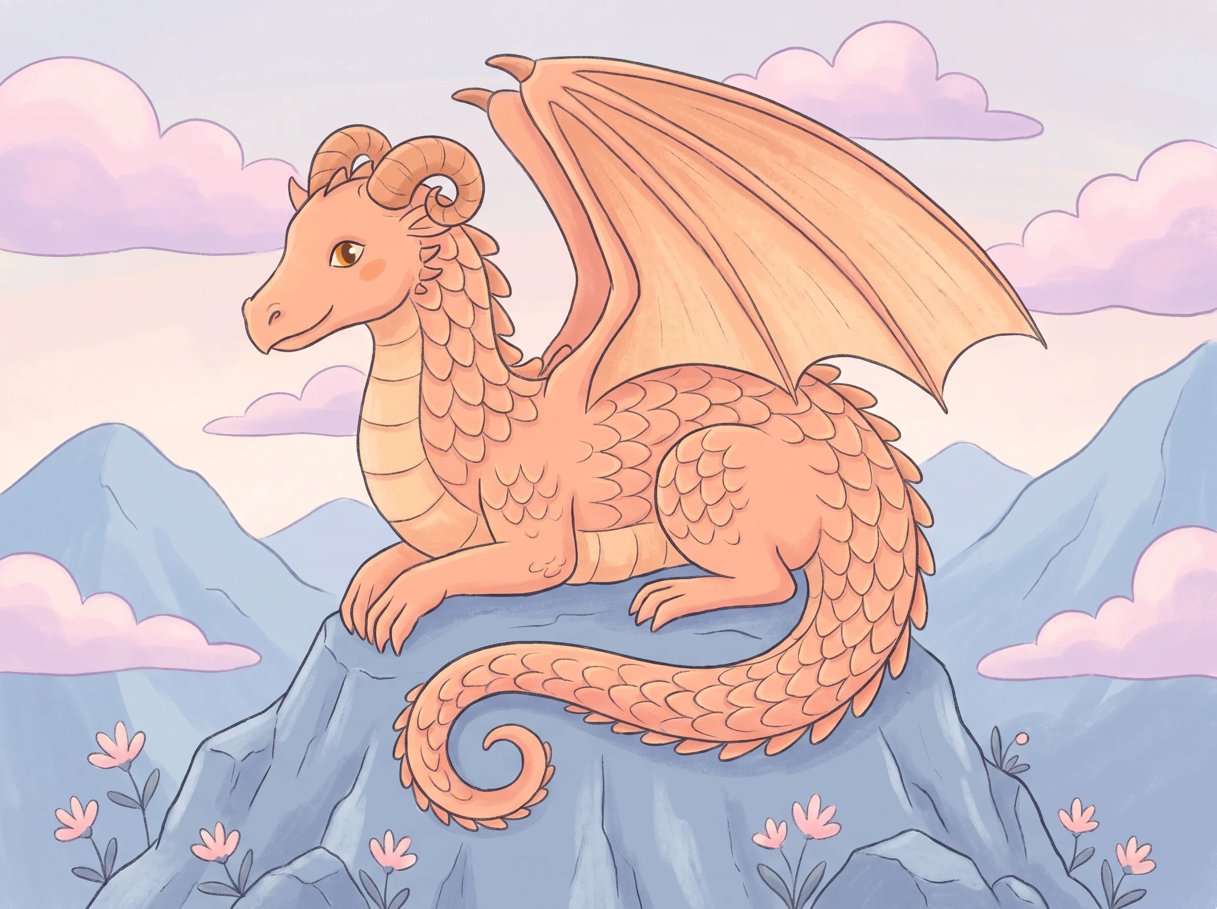 Coloring pages of realistic dragons showing a majestic orange dragon resting on a mountain peak.
