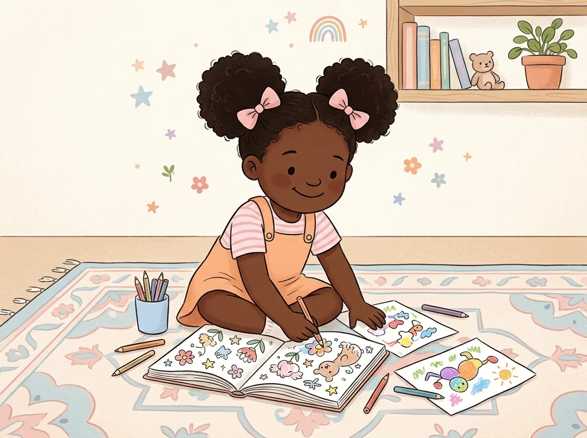 Joyful girl with curly puffs and pink bows, free black girl coloring pages
