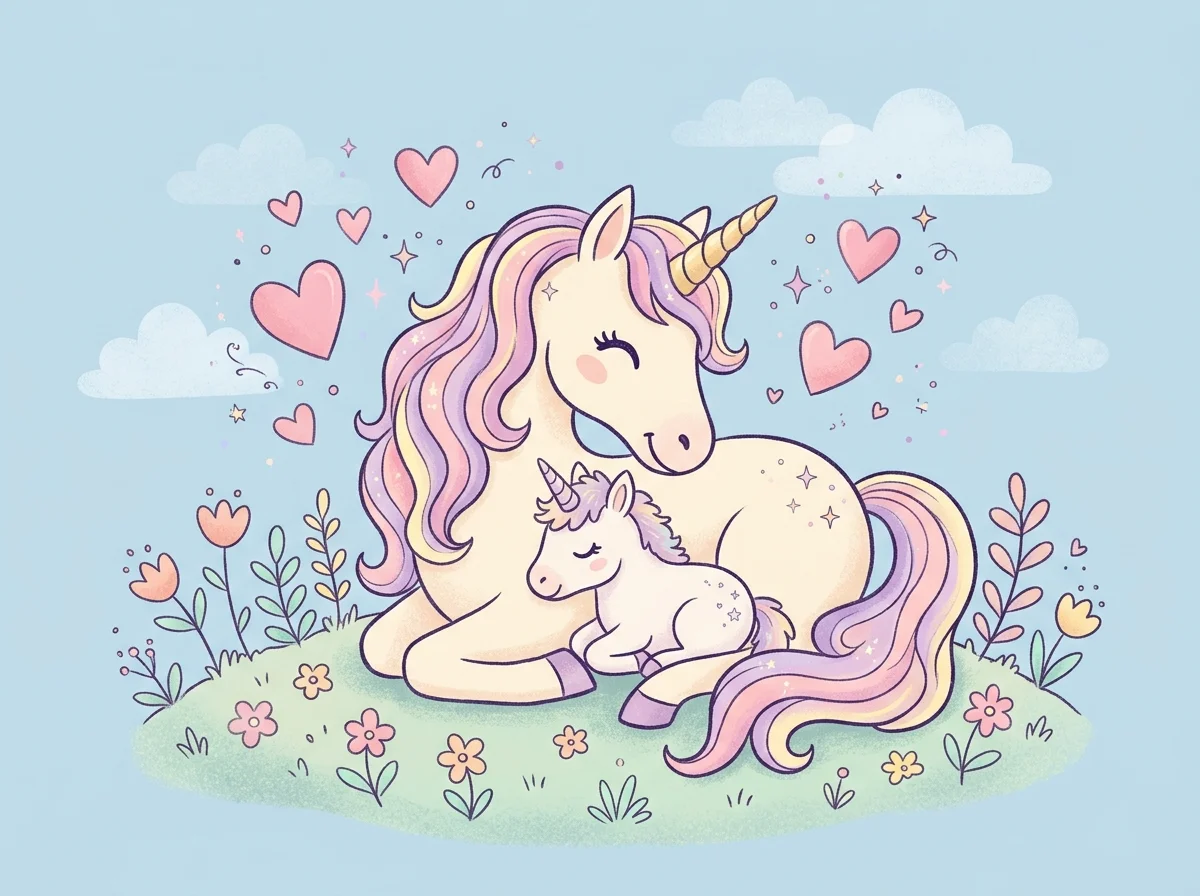 baby unicorn coloring pages: mama unicorn and baby unicorn snuggling with hearts (free printable coloring page)