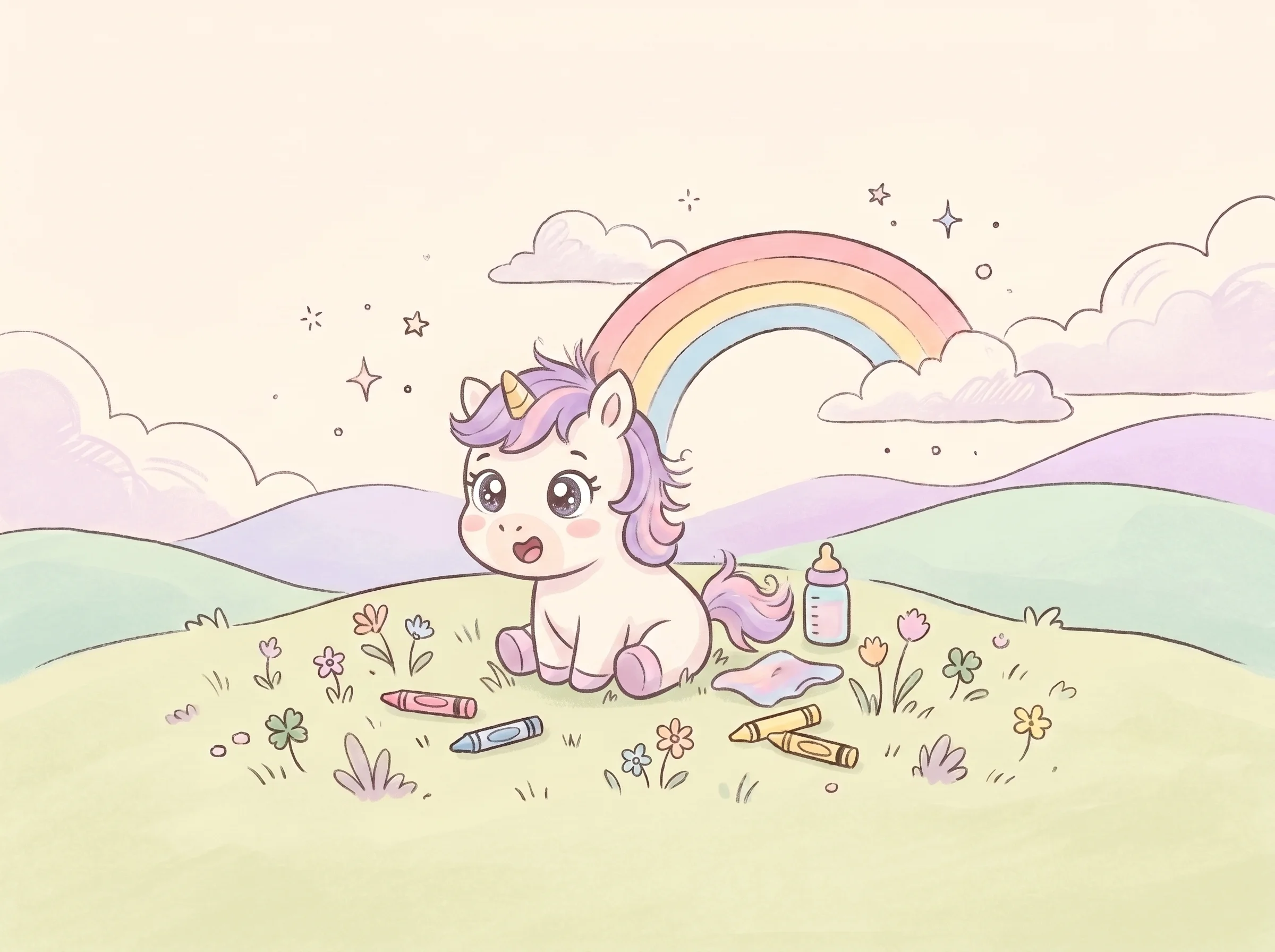 baby unicorn coloring pages - cheerful pastel baby unicorn illustration, free printable cover