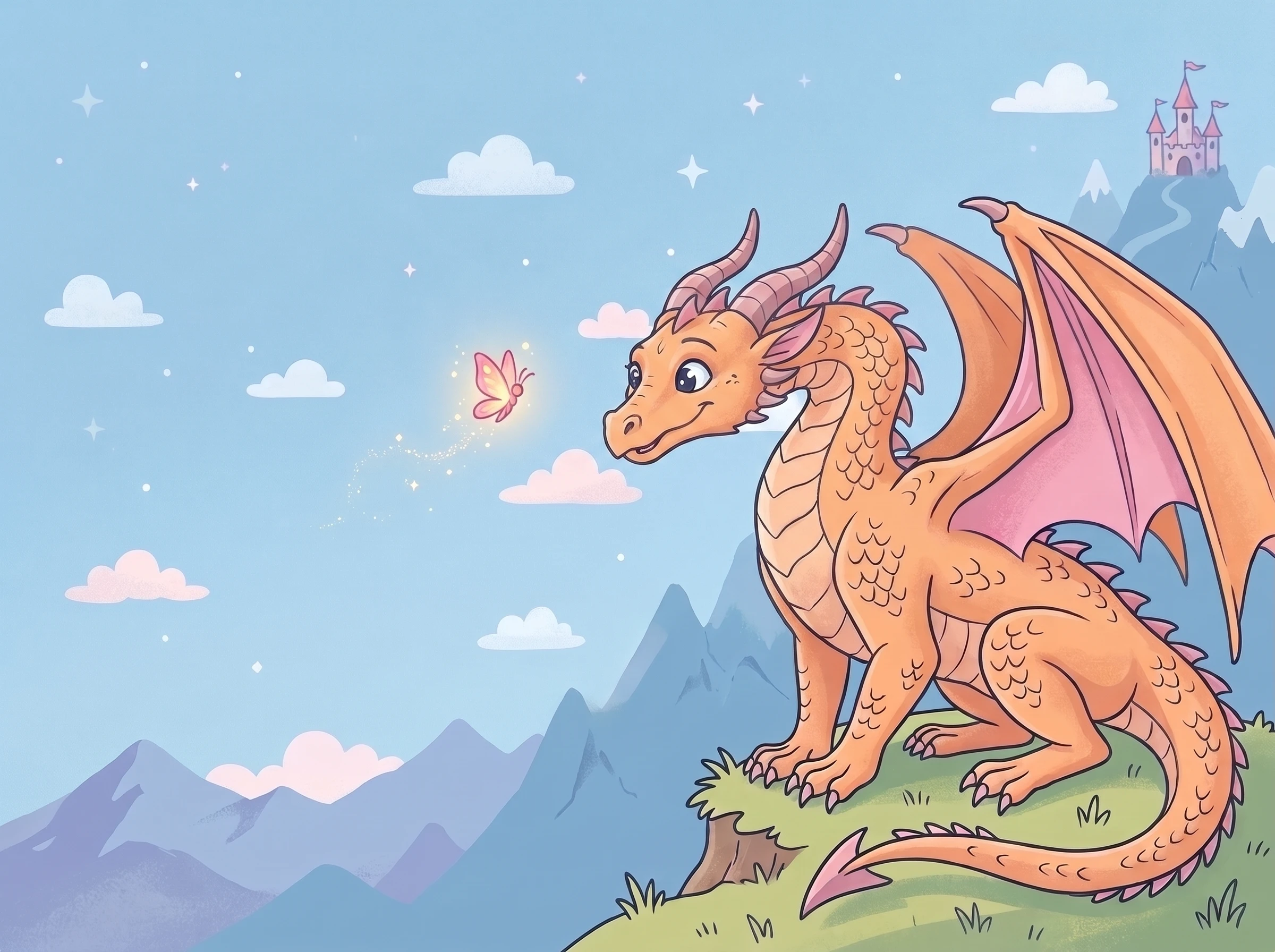 Coloring pages of realistic dragons featuring a majestic orange dragon with detailed wings and scales in a whimsical storybook illustration.
