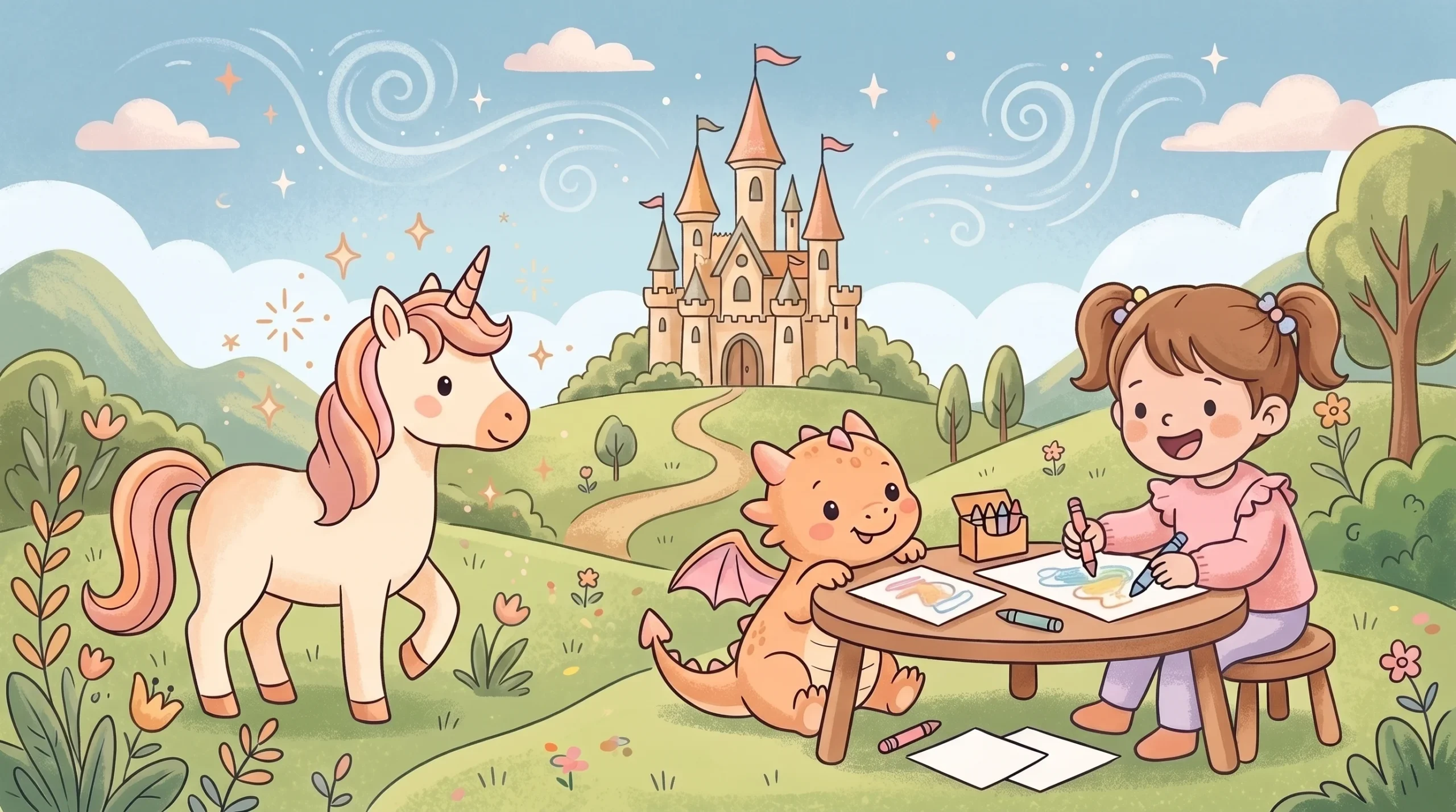 Fantasy coloring pages for kids featuring a baby dragon, unicorn, and fairytale castle